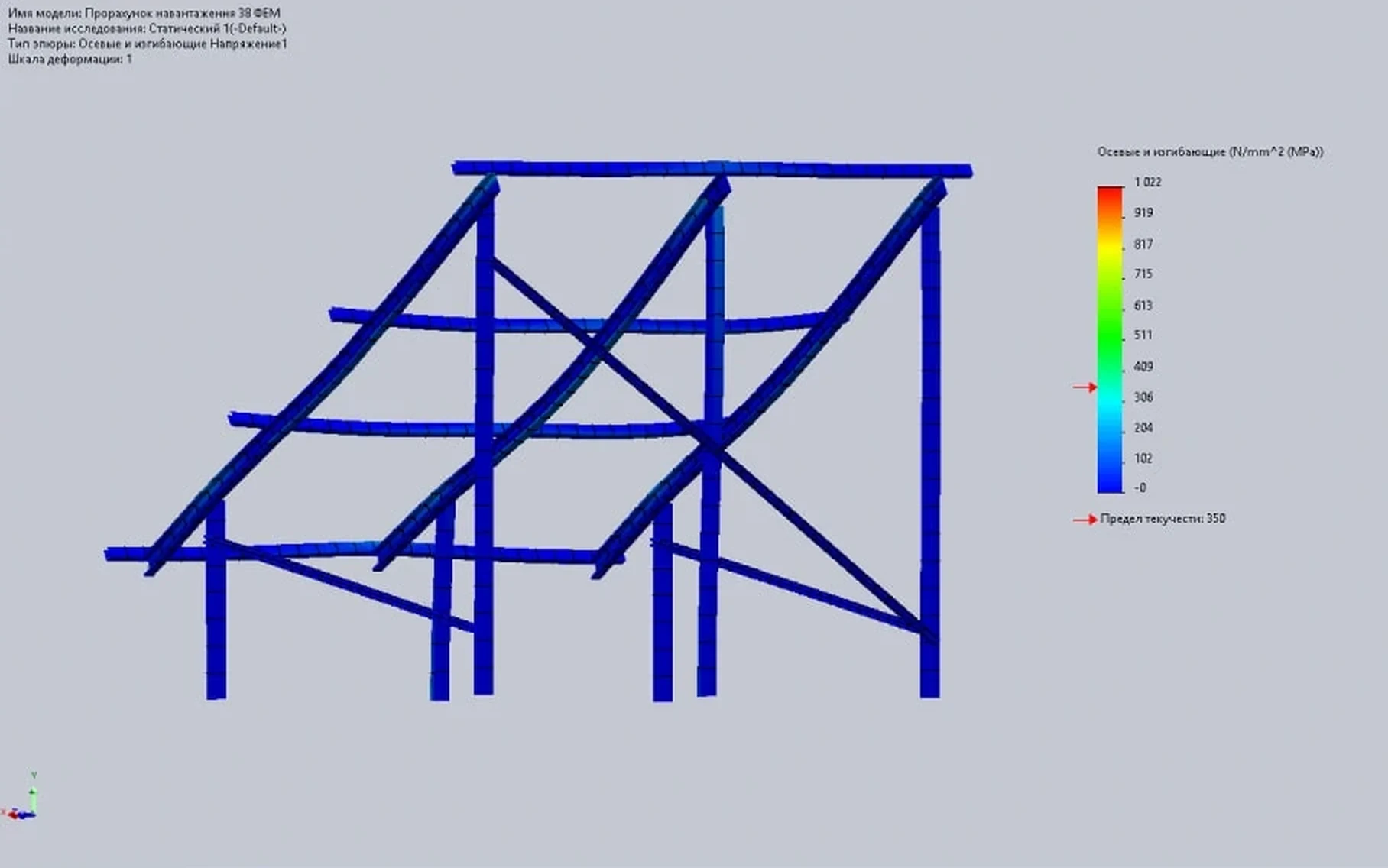 Епюра осьових і згинальних напружень каркаса сонячної станції у SolidWorks Simulation